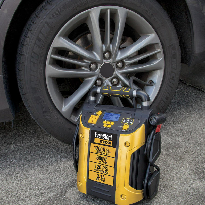 J5CPDE Jump Starter, Power Station, 1200 Peak Battery Amps with 500W Inverter and 120 PSI Compressor