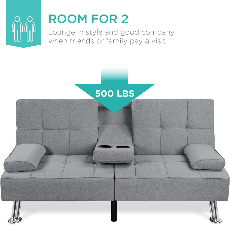 Best Choice Products Linen Upholstered Modern Convertible Folding Futon Sofa Bed for Compact Living Space, Apartment, Dorm, Bonus Room w/Removable Armrests, Metal Legs, 2 Cupholders - Gray