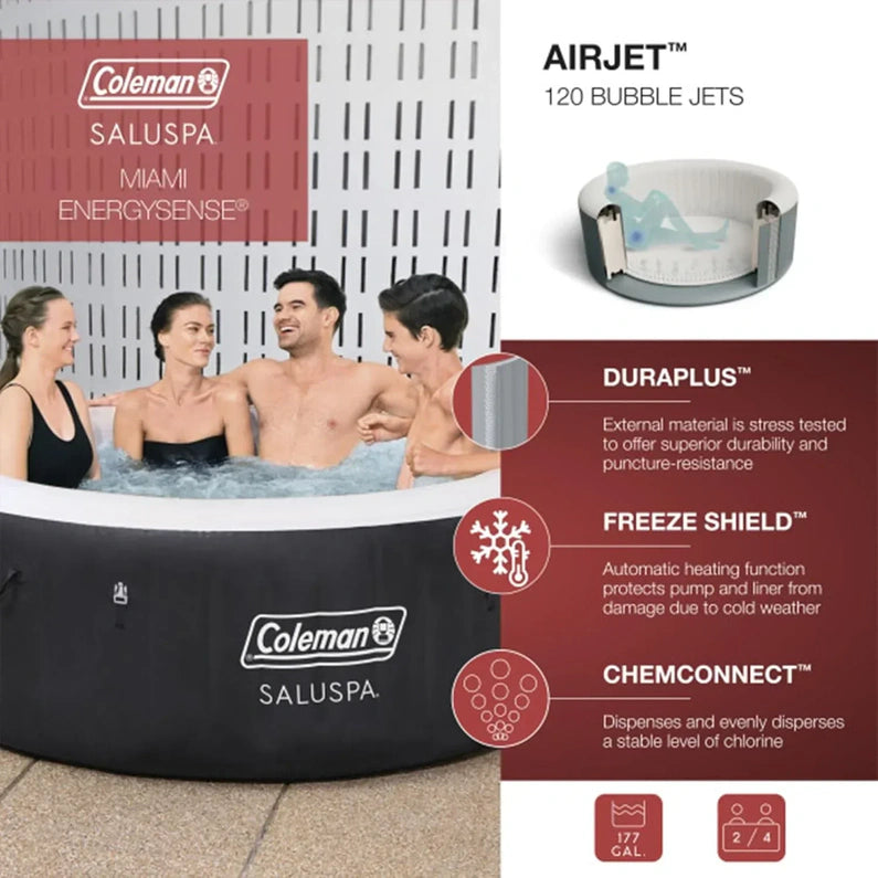 Coleman SaluSpa Miami AirJet 2 to 4 Person Round Inflatable Hot Tub Portable Outdoor Spa with 120 Soothing AirJets and Insulated Cover, Black