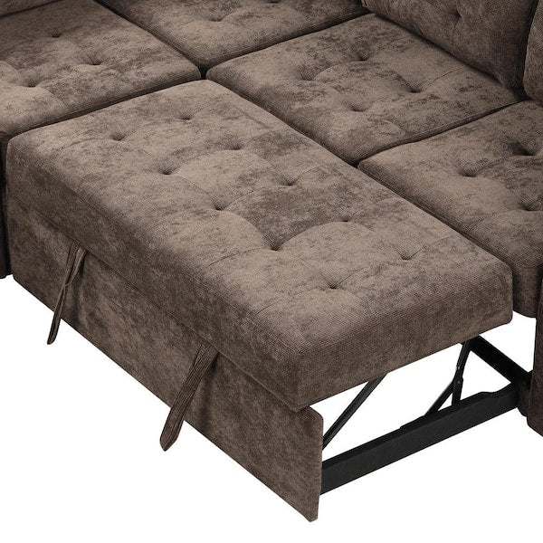 82.6 in. L Shaped Corded Velveteen Modern Sectional Sofa Pull-out Sleeper Sofa in. Brown with USB Ports, Power Sockets