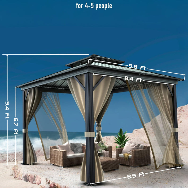 10'x10′ Hardtop Gazebo with double metal roof, aluminum frame, net, and curtain. All-weather, ideal for patio, deck, garden, backyard. Khaki.