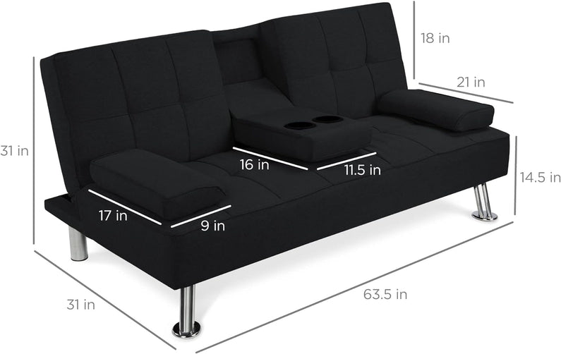 Best Choice Products Linen Upholstered Modern Convertible Folding Futon Sofa Bed for Compact Living Space, Apartment, Dorm, Bonus Room w/Removable Armrests, Metal Legs, 2 Cupholders - Gray