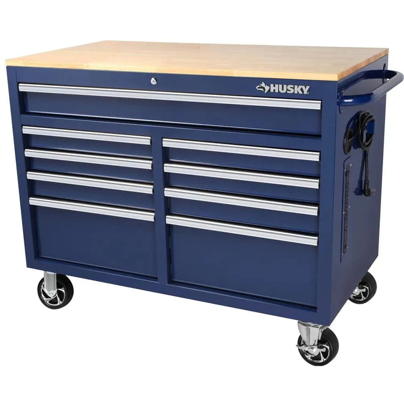 46-in W x 24.5-in D 9-Drawer Mobile Workbench with Hardwood Top and Power Station Gloss Black