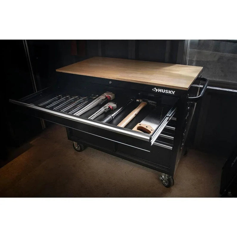 46-in W x 24.5-in D 9-Drawer Mobile Workbench with Hardwood Top and Power Station Gloss Black