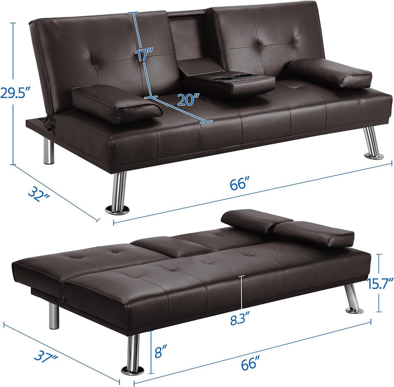 Yaheetech Convertible Sofa Bed Adjustable Couch Sleeper Modern Faux Leather Home Recliner Reversible Loveseat Folding Daybed Guest Bed, Removable Armrests, Cup Holders, 3 Angles, 772lb Capacity, Black