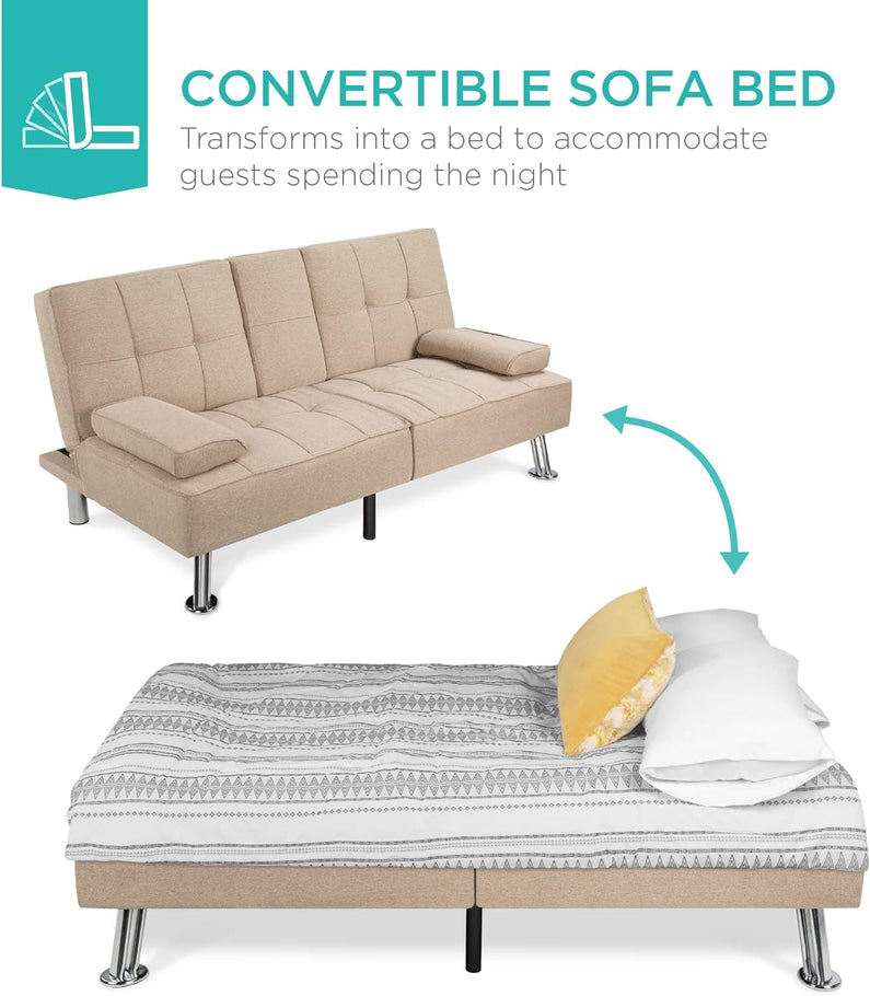 Best Choice Products Linen Upholstered Modern Convertible Folding Futon Sofa Bed for Compact Living Space, Apartment, Dorm, Bonus Room w/Removable Armrests, Metal Legs, 2 Cupholders - Gray