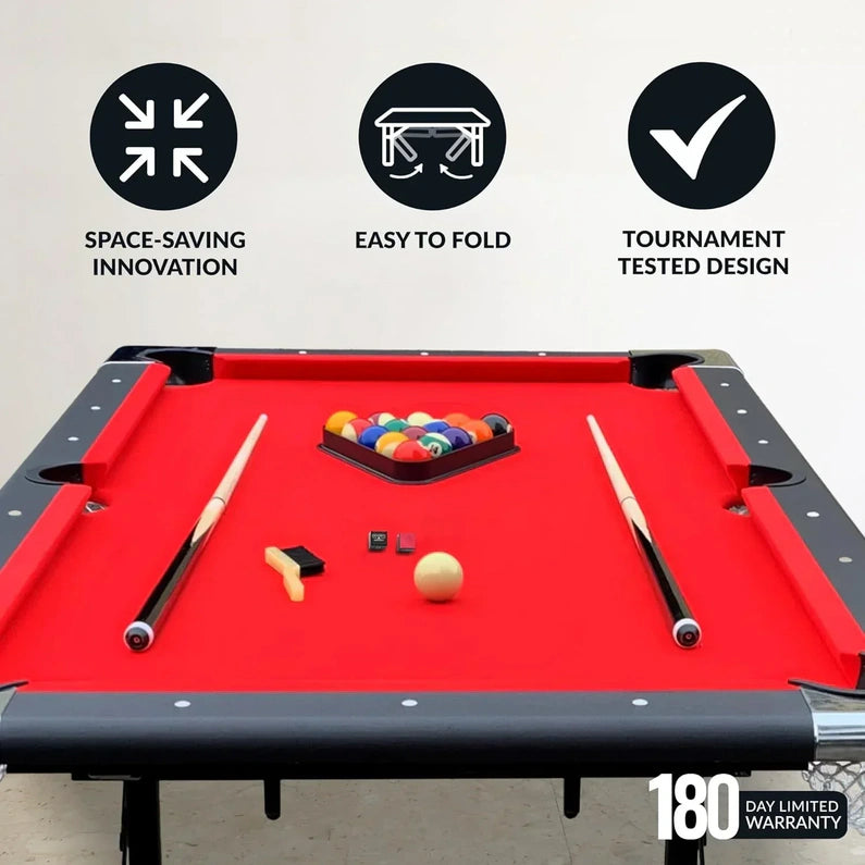 6 Ft Portable Pool Table, Adults Folding Billiards Tables for Game Room with Easy Foldable Storage, Includes Full Set of Billiard Balls, Cues, Chalk & Brush
