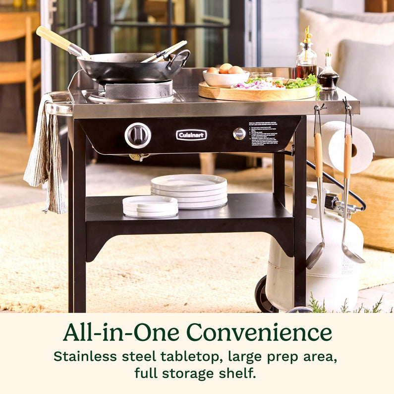 Cuisinart Outdoor Wok Station, 50,000 BTU Propane Outdoor Wok Burner w Prep Table, 14 Carbon Steel Wok for Stir Fry, Searing, BBQ Black