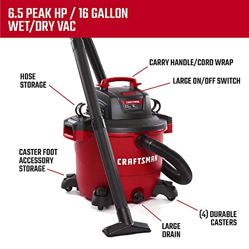 16 Gallon 6.5 Peak HP Wet/Dry Vac, Heavy-Duty Shop Vacuum