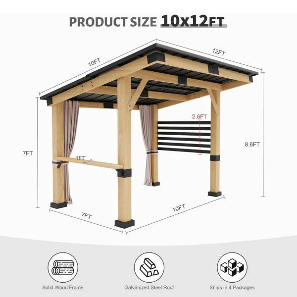 10x12FT Heavy Duty Premium Outdoor All-Season Wooden Cedar Hardtop Gazebo With Metal Roof & Back Curtains (SAK57184)