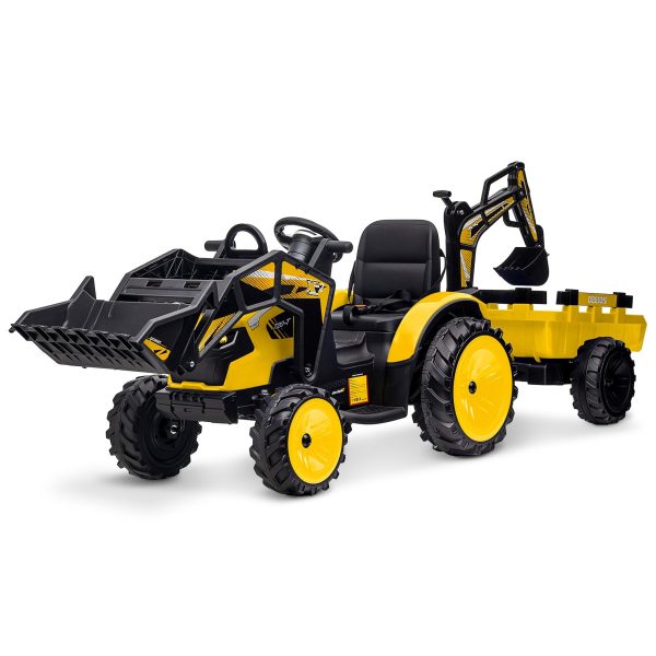 3-in-1 Ride-On Tractor, 24V Electric, Excavator & Bulldozer, Remote Control, LED, Music, USB/Bluetooth max 66 lbs – Bright-yellow