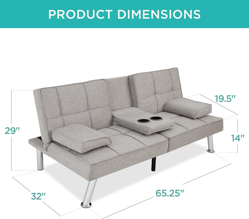 Best Choice Products Linen Upholstered Modern Convertible Folding Futon Sofa Bed for Compact Living Space, Apartment, Dorm, Bonus Room w/Removable Armrests, Metal Legs, 2 Cupholders - Gray