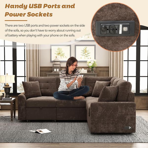 82.6 in. L Shaped Corded Velveteen Modern Sectional Sofa Pull-out Sleeper Sofa in. Brown with USB Ports, Power Sockets