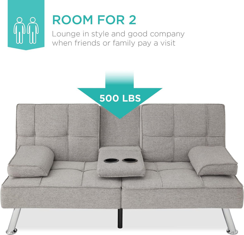 Best Choice Products Linen Upholstered Modern Convertible Folding Futon Sofa Bed for Compact Living Space, Apartment, Dorm, Bonus Room w/Removable Armrests, Metal Legs, 2 Cupholders - Gray