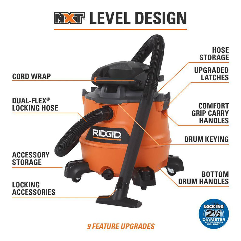 16 Gallon 6.5 Peak HP NXT WetDry Shop Vacuum with Detachable Blower Filter Locking Hose and Accessories HD1600