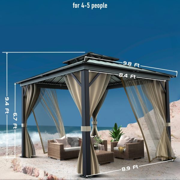 10'x10′ Hardtop Gazebo with double metal roof, aluminum frame, net, and curtain. All-weather, ideal for patio, deck, garden, backyard. Khaki.