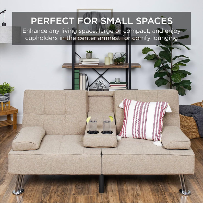 Best Choice Products Linen Upholstered Modern Convertible Folding Futon Sofa Bed for Compact Living Space, Apartment, Dorm, Bonus Room w/Removable Armrests, Metal Legs, 2 Cupholders - Gray