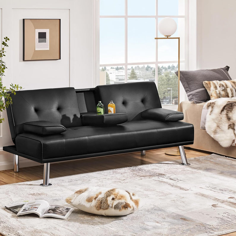 Yaheetech Convertible Sofa Bed Adjustable Couch Sleeper Modern Faux Leather Home Recliner Reversible Loveseat Folding Daybed Guest Bed, Removable Armrests, Cup Holders, 3 Angles, 772lb Capacity, Black
