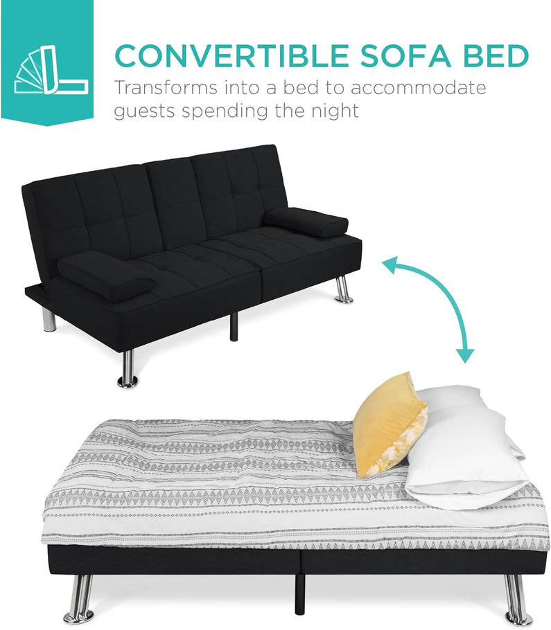 Best Choice Products Linen Upholstered Modern Convertible Folding Futon Sofa Bed for Compact Living Space, Apartment, Dorm, Bonus Room w/Removable Armrests, Metal Legs, 2 Cupholders - Gray