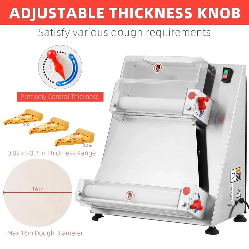 Garvee Commercial Pizza Dough Roller Sheeter, Max 16", Automatic 370W Electric Pizza Dough Roller, Stainless Steel, Suitable for Noodle, Pizza Bread and Pasta Maker Equipment