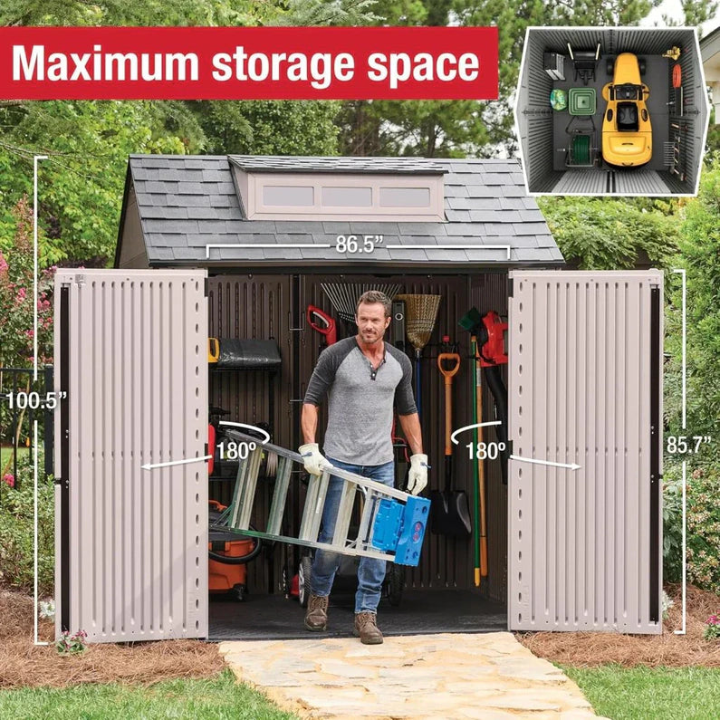 Rubbermaid Resin Outdoor Storage Shed With Floor (7 x 7 Ft) Weather Resistant Gray Organization for Home/Backyard/Garden Tools/Lawn Mower/Bike Storage/Pool Supplies