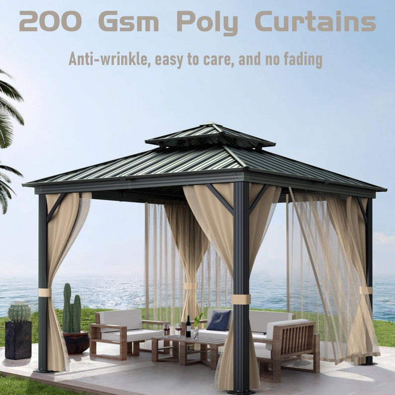 10'x10′ Hardtop Gazebo with double metal roof, aluminum frame, net, and curtain. All-weather, ideal for patio, deck, garden, backyard. Khaki.