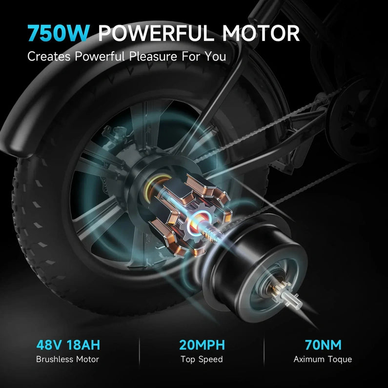 Happyrun Electric Bike for Adults 20" Fat tire with 750W Motor Ebike 48V 18AH Removable Battery 20MPH & 68 Miles
