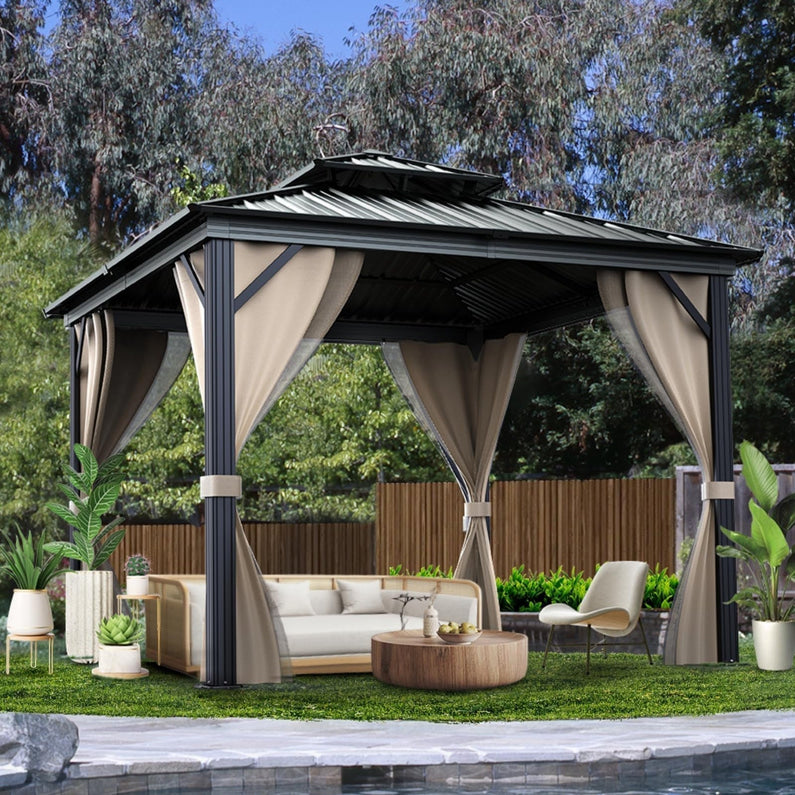 10'x10′ Hardtop Gazebo with double metal roof, aluminum frame, net, and curtain. All-weather, ideal for patio, deck, garden, backyard. Khaki.