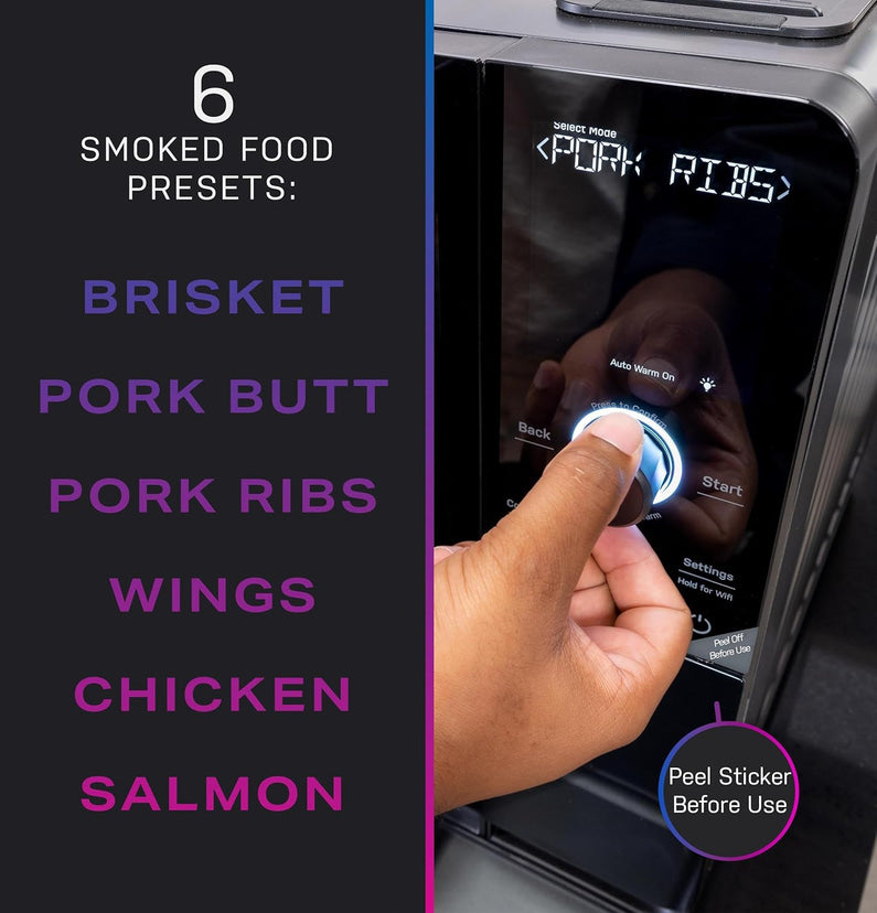 Smart Indoor Pellet Smoker, with Active Smoke Filtration, 5 Smoke Control Settings, WiFi Connected, Electric, Countertop BBQ Appliance, Black