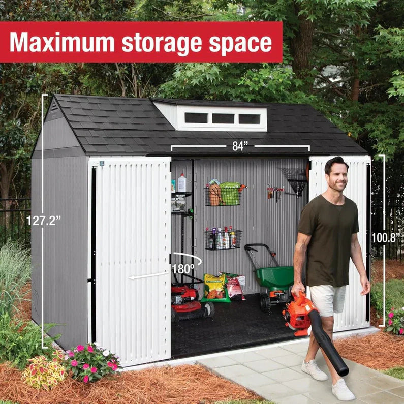 Rubbermaid Resin Outdoor Storage Shed With Floor (7 x 7 Ft) Weather Resistant Gray Organization for Home/Backyard/Garden Tools/Lawn Mower/Bike Storage/Pool Supplies