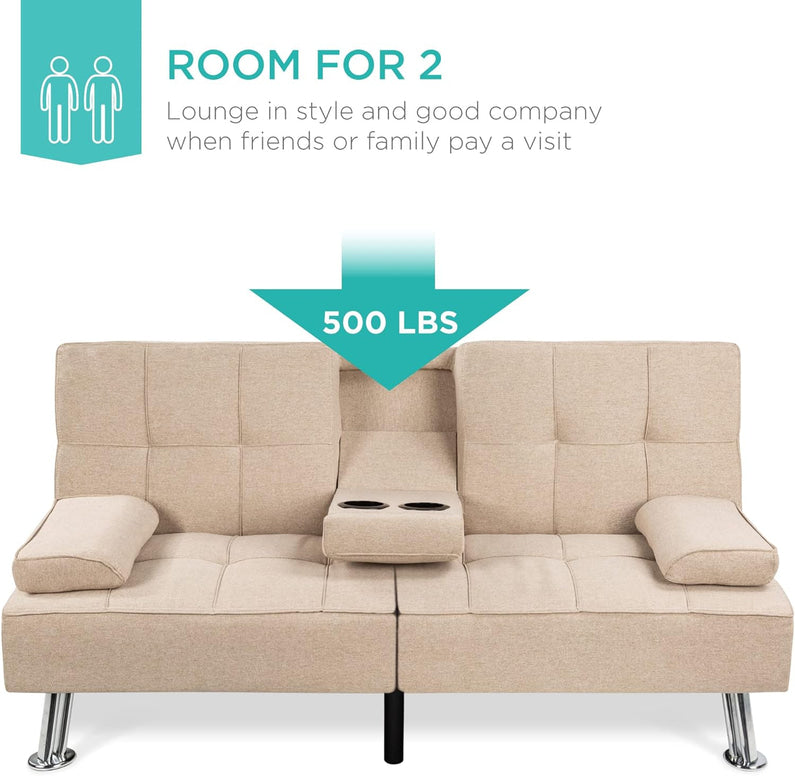Best Choice Products Linen Upholstered Modern Convertible Folding Futon Sofa Bed for Compact Living Space, Apartment, Dorm, Bonus Room w/Removable Armrests, Metal Legs, 2 Cupholders - Gray