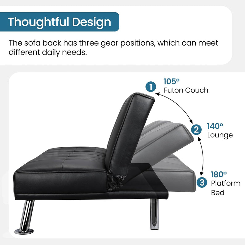 Yaheetech Convertible Sofa Bed Adjustable Couch Sleeper Modern Faux Leather Home Recliner Reversible Loveseat Folding Daybed Guest Bed, Removable Armrests, Cup Holders, 3 Angles, 772lb Capacity, Black