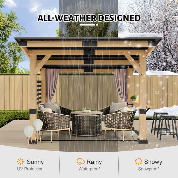 10x12FT Heavy Duty Premium Outdoor All-Season Wooden Cedar Hardtop Gazebo With Metal Roof & Back Curtains (SAK57184)