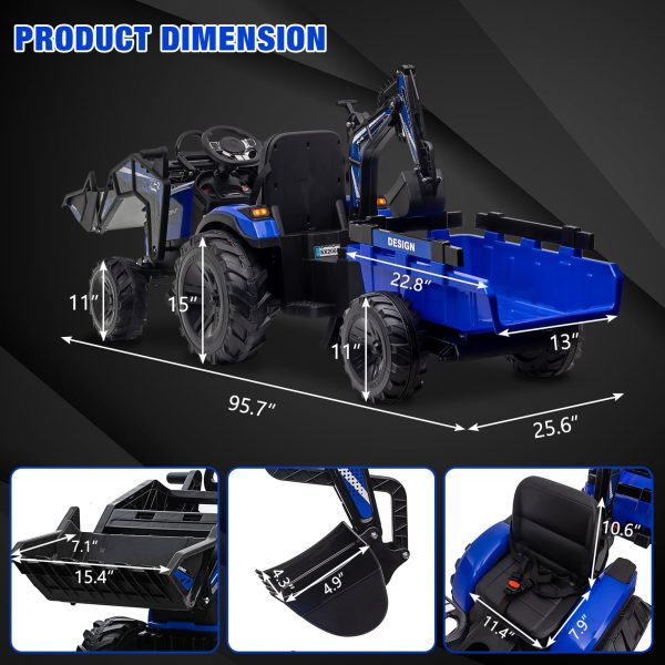 3-in-1 Ride-On Tractor, 24V Electric, Excavator & Bulldozer, Remote Control, LED, Music, USB/Bluetooth max 66 lbs – Bright-blue