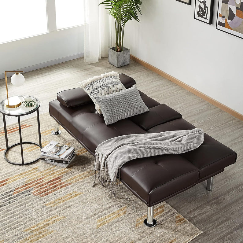 Yaheetech Convertible Sofa Bed Adjustable Couch Sleeper Modern Faux Leather Home Recliner Reversible Loveseat Folding Daybed Guest Bed, Removable Armrests, Cup Holders, 3 Angles, 772lb Capacity, Black