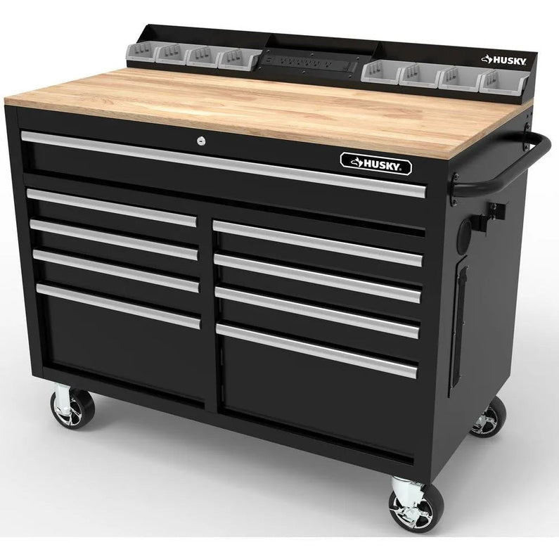 46-in W x 24.5-in D 9-Drawer Mobile Workbench with Hardwood Top and Power Station Gloss Black