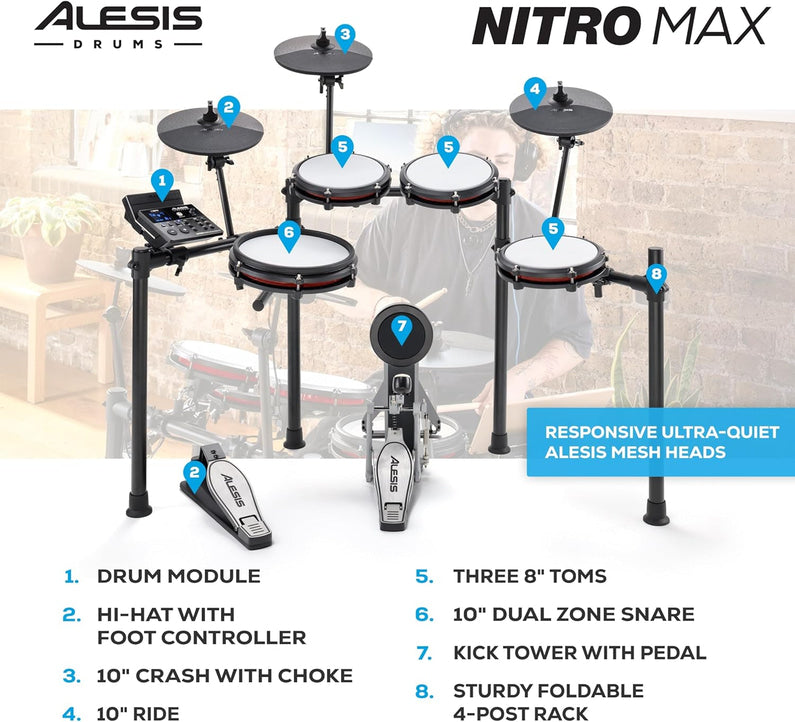 Nitro Max Electric Drum Set with Mesh Pads & Bluetooth