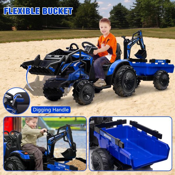 3-in-1 Ride-On Tractor, 24V Electric, Excavator & Bulldozer, Remote Control, LED, Music, USB/Bluetooth max 66 lbs – Bright-blue