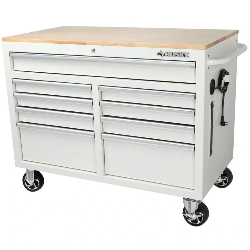 46-in W x 24.5-in D 9-Drawer Mobile Workbench with Hardwood Top and Power Station Gloss Black