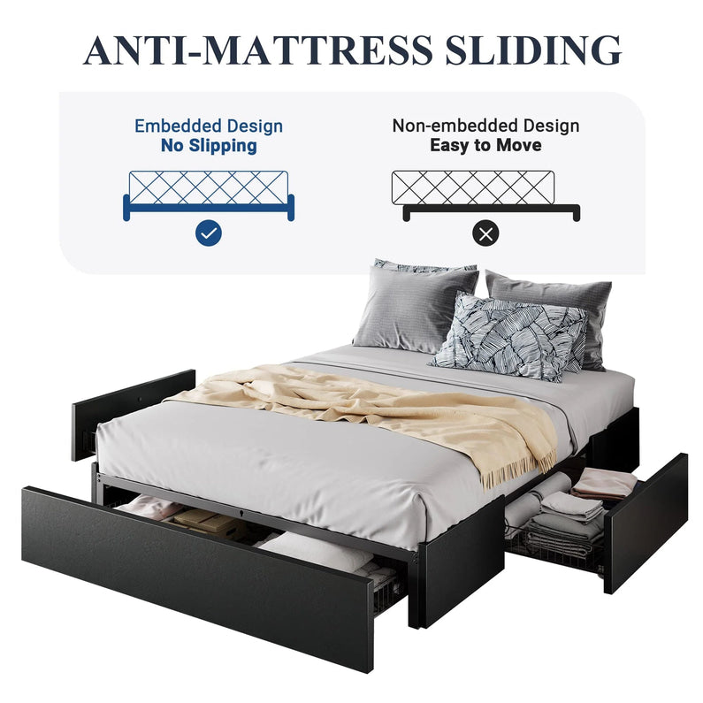 Allewie Queen Size Platform Bed Frame with 3 Storage Drawers