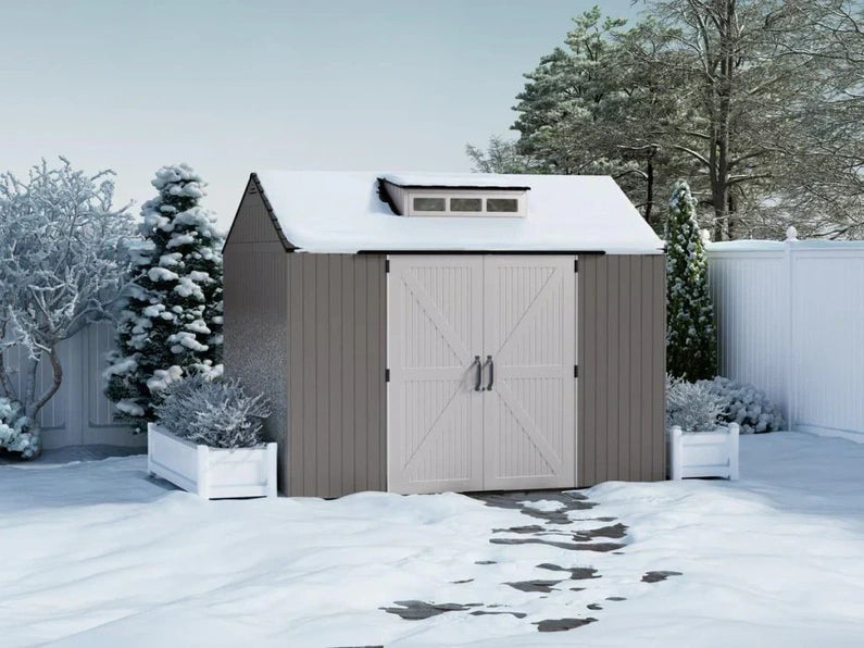Rubbermaid Resin Outdoor Storage Shed With Floor (7 x 7 Ft) Weather Resistant Gray Organization for Home/Backyard/Garden Tools/Lawn Mower/Bike Storage/Pool Supplies