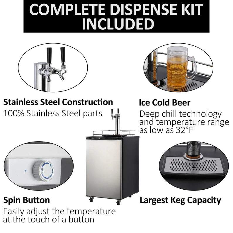 Beer Kegerator, Dual Tap Draft Beer Dispenser, Full Size Stainless Steel Keg Refrigerator With Drip Tray, CO2 Cylinder, 32°F- 50°F Temperature Control, 170L