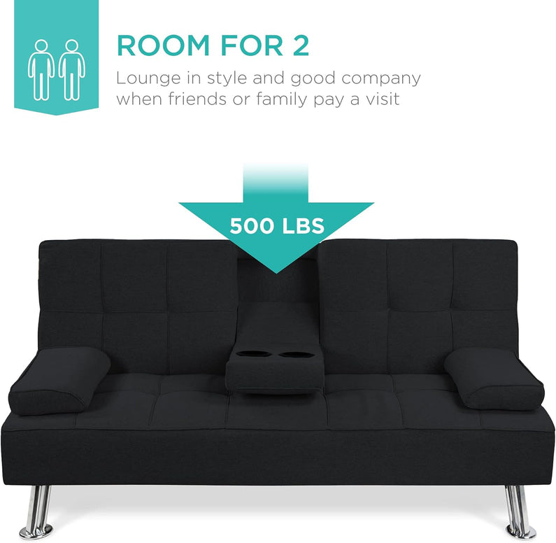 Best Choice Products Linen Upholstered Modern Convertible Folding Futon Sofa Bed for Compact Living Space, Apartment, Dorm, Bonus Room w/Removable Armrests, Metal Legs, 2 Cupholders - Gray