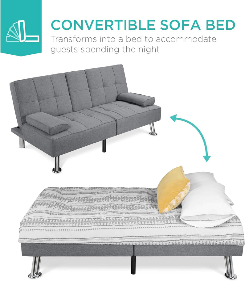 Best Choice Products Linen Upholstered Modern Convertible Folding Futon Sofa Bed for Compact Living Space, Apartment, Dorm, Bonus Room w/Removable Armrests, Metal Legs, 2 Cupholders - Gray