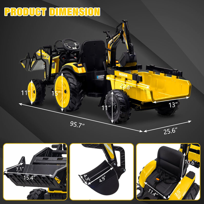 3-in-1 Ride-On Tractor, 24V Electric, Excavator & Bulldozer, Remote Control, LED, Music, USB/Bluetooth max 66 lbs – Bright-yellow