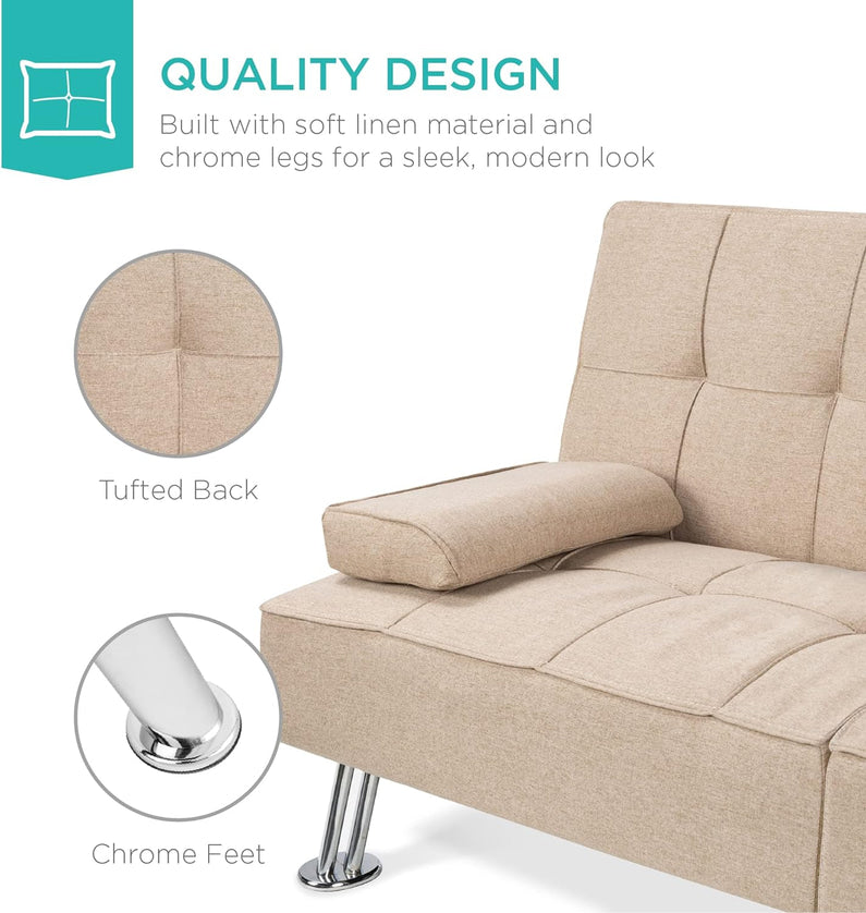 Best Choice Products Linen Upholstered Modern Convertible Folding Futon Sofa Bed for Compact Living Space, Apartment, Dorm, Bonus Room w/Removable Armrests, Metal Legs, 2 Cupholders - Gray