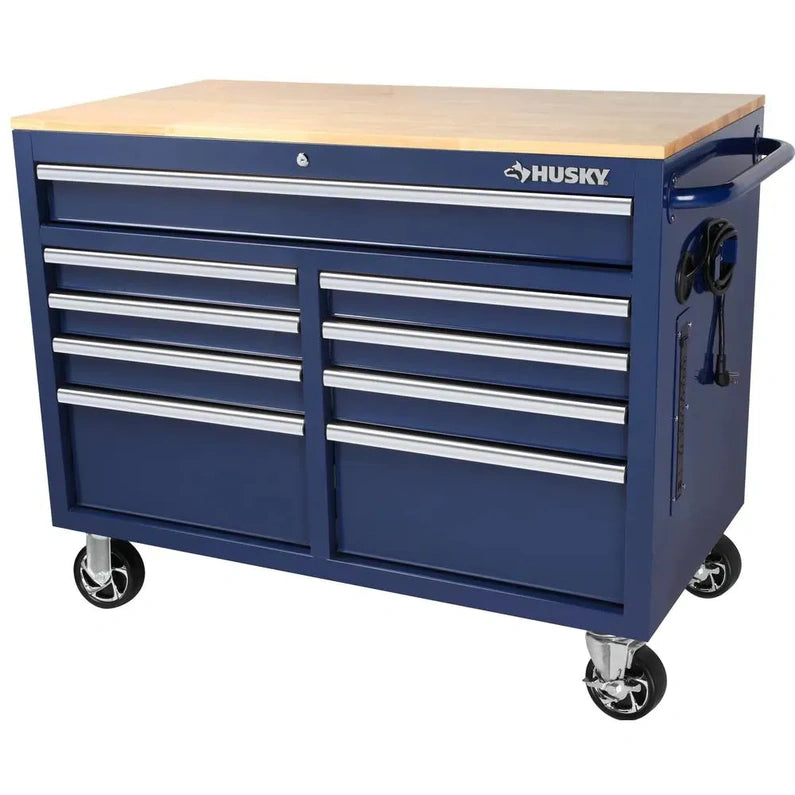 46-in W x 24.5-in D 9-Drawer Mobile Workbench with Hardwood Top and Power Station Gloss Black