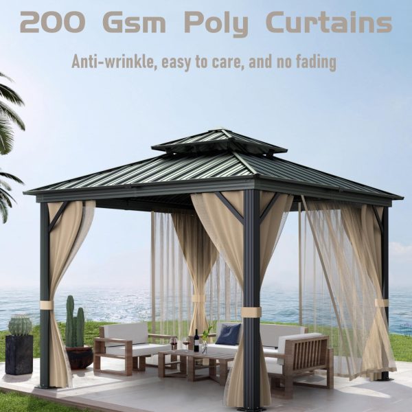 10'x10′ Hardtop Gazebo with double metal roof, aluminum frame, net, and curtain. All-weather, ideal for patio, deck, garden, backyard. Khaki.
