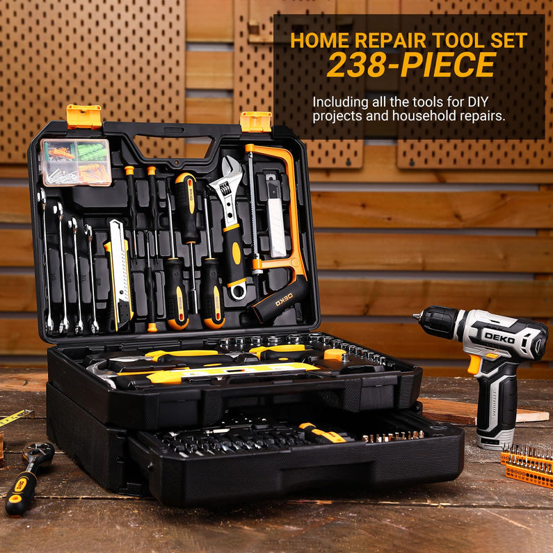 Tool Kit Box Drill Set: DEKOPRO Home Mechanic Toolbox with 12V Power Cordless Drill