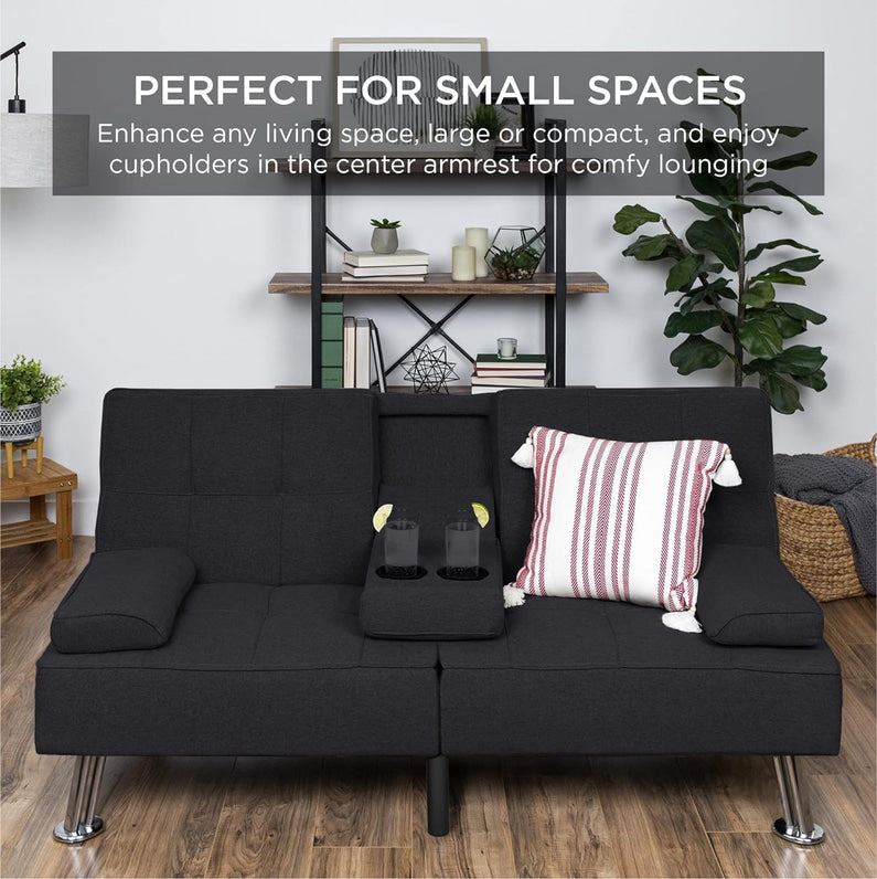 Best Choice Products Linen Upholstered Modern Convertible Folding Futon Sofa Bed for Compact Living Space, Apartment, Dorm, Bonus Room w/Removable Armrests, Metal Legs, 2 Cupholders - Gray